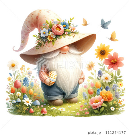 Easter Gnome with  Butterfly and flowers  watercolor clipart. AI Generate 111224177