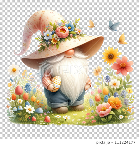 Easter Gnome with  Butterfly and flowers  watercolor clipart. AI Generate 111224177
