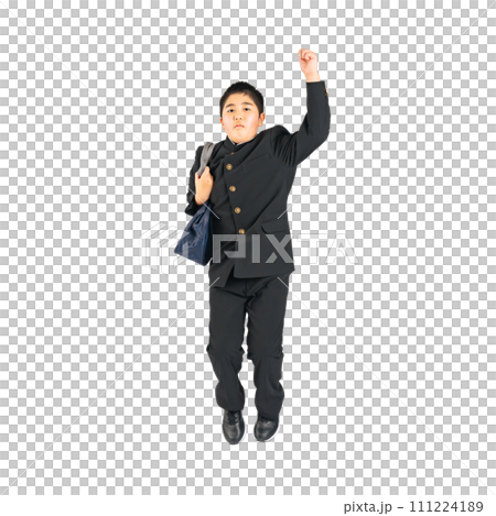 A male student wearing a jumping school uniform. Full-body photo PNG with a transparent background precisely cut out by hand. A male student wearing a jumping school uniform. Full-body photo PNG with a transparent background precisely cut out by hand. 111224189
