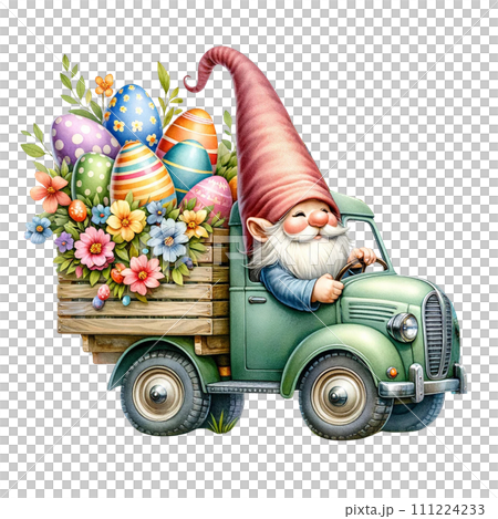 Easter Gnome with a Springtime truck watercolor clipart. AI Generate Easter Gnome with a Springtime truck watercolor clipart. AI Generate 111224233