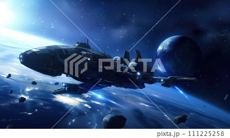 Dark blue universe and galaxy ship flying across space dust near the surface of the huge planet. Universe fantasy astronomy space background wallpaper 111225258