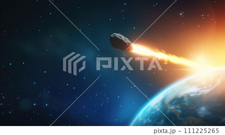 Asteroid flying in space and moves toward the planet earth surface with sun rays, planet and starry cosmos. Universe science astronomy space background wallpaper 111225265