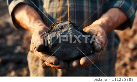 Working man holding stone rock coal in his hands. Many ash and durty around, gray and dark black color, close-up view 111225288
