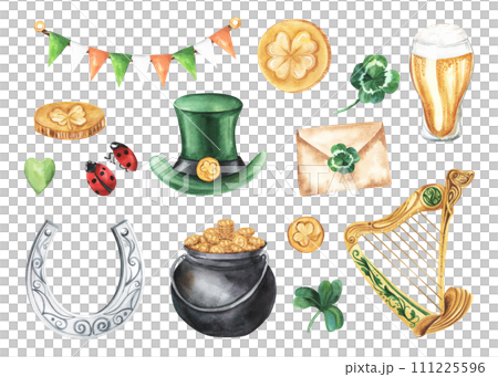 Set for st. Patrick's day with green hat, green heart, harp, beer, shamrock and horseshoe, envelope, pot of gold; watercolor hand draw illustration; ; with white isolated background Set for st. Patrick's day with green hat, green heart, harp, beer, shamrock and horseshoe, envelope, pot of gold; watercolor hand draw illustration; ; with white isolated background 111225596