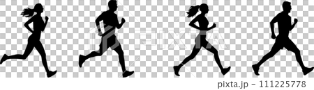 Monochrome silhouettes of men and women walking and running 111225778