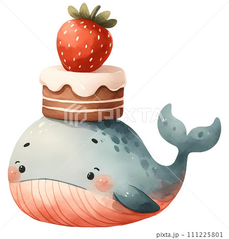Animal watercolor with strawberry cake clipart 111225801