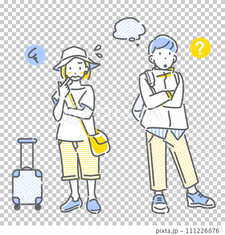 A simple and stylish line drawing illustration of a young woman and man having troubles and doubts while traveling. 111226876