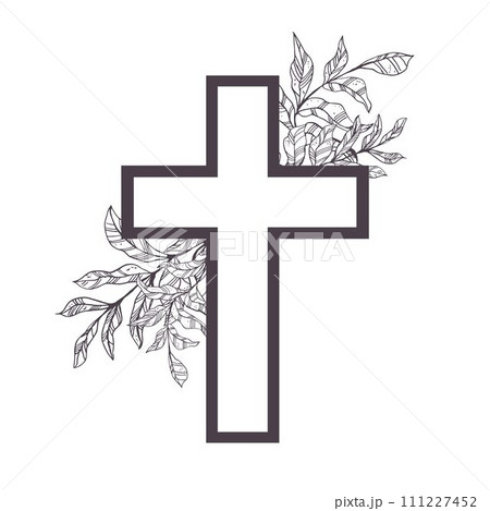 Vector Flower Cross, Floral Easter cross. Faith Cross, Religious Vector illustration. Funeral black illustration with arrangment of leaves. For sympathy cards, design sketch Vector Flower Cross, Floral Easter cross. Faith Cross, Religious Vector illustration. Funeral black illustration with arrangment of leaves. For sympathy cards, design sketch 111227452