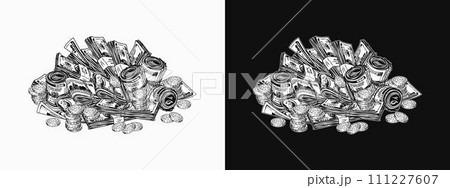 Pile, heap of cash money, coins. Black and white vintage illustration with money rolls, wads, stacks of US 100 dollar bills on black, white background. Concept of wealth and success. Pile, heap of cash money, coins. Black and white vintage illustration with money rolls, wads, stacks of US 100 dollar bills on black, white background. Concept of wealth and success. 111227607