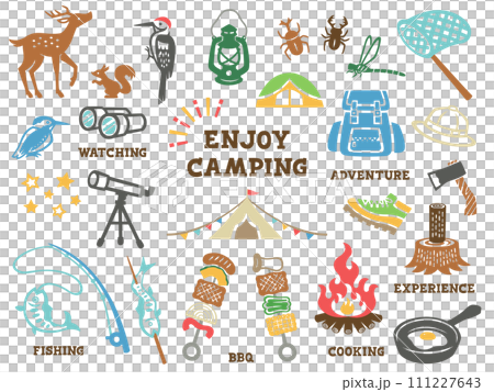 Paper-cut style camping and summer vacation illustration set 111227643