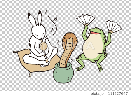 Chojugiga Illustration of a rabbit becoming a snake charmer and playing with a frog 111227647