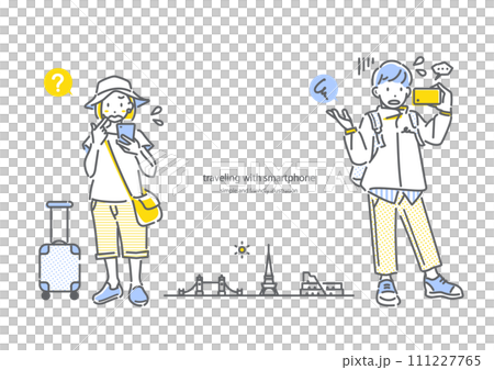 A young woman and man who are irritated by their smartphones while traveling abroad. Simple and stylish line drawing illustration. 111227765