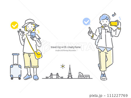 海外旅行中も快適にスマホを使う若い女性と男性　シンプルでお洒落な線画イラスト 111227769