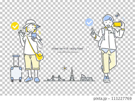 海外旅行中も快適にスマホを使う若い女性と男性　シンプルでお洒落な線画イラスト 111227769