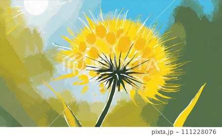黄色いたんぽぽの花と緑の葉 111228076