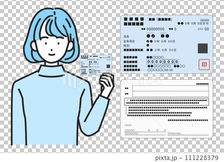 健康保険証を持つ女性と健康保険証（表面・裏面）セット 111228379