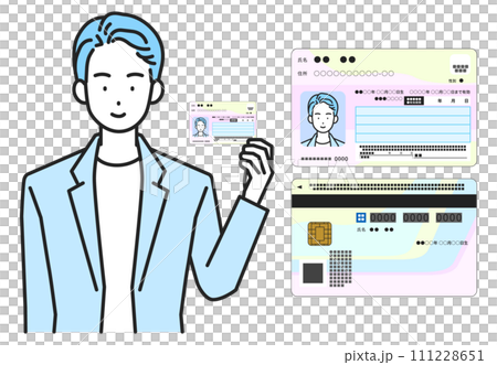 マイナンバーカードを持つ男性とマイナンバーカード(表面・裏面)セット マイナンバーカードを持つ男性とマイナンバーカード(表面・裏面)セット 111228651