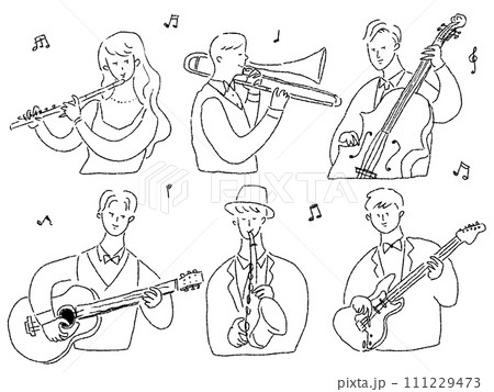 演奏する男女、（フルート、トロンボーン、アコースティックギター、エレキギター、サックス）、線画 111229473