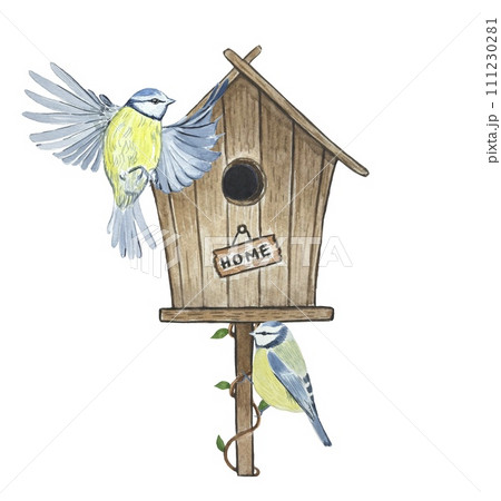 Birdhouse with tits, watercolor illustration Birdhouse with tits, watercolor illustration 111230281