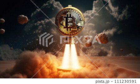 Bitcoin depicted on rocket symbolizes soaring cryptocurrency value. 111230591
