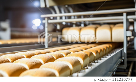 Production of new goods at the factory, modern technologies. pastries, bread, food oven Production of new goods at the factory, modern technologies. pastries, bread, food oven 111230777