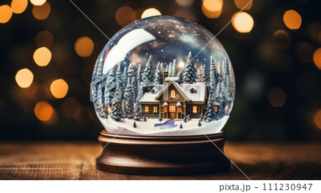 Snow globe amidst festive backdrop, encapsulating seasonal charm. 111230947
