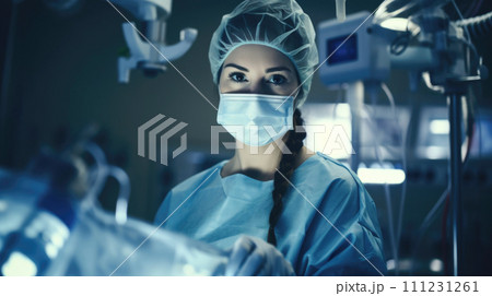 Woman surgeon in operating room, professional demeanor. 111231261