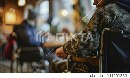 Man in wheelchair navigates daily life with determination, grace. Man in wheelchair navigates daily life with determination, grace. 111231286
