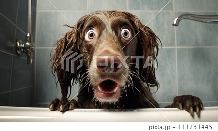 Shocked dog bathing in the bathroom 111231445