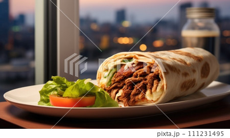 shawarma meal juicy meat, veggies, drizzled with sauce shawarma meal juicy meat, veggies, drizzled with sauce 111231495