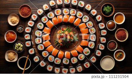 Diverse sushi assortment a blend of savory rolls, perfect for a flavorful Japanese dining experience Diverse sushi assortment a blend of savory rolls, perfect for a flavorful Japanese dining experience 111231504