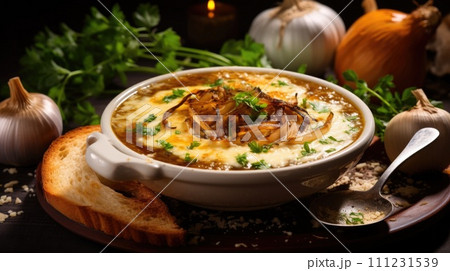Hearty onion soup: flavorful broth, caramelized onions, topped with toasted bread, a cozy favorite 111231539