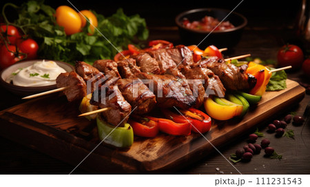 Grilled meat skewers tender shish kebabs, marinated and charred, a flavorful barbecue favorite 111231543
