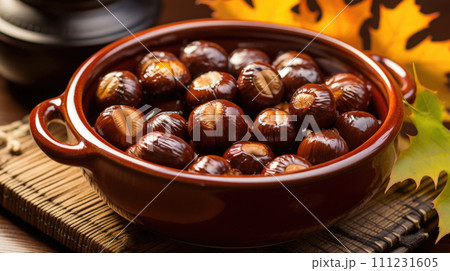 Japanese chestnuts, a seasonal delicacy, beautifully arranged for a culinary display. Japanese chestnuts, a seasonal delicacy, beautifully arranged for a culinary display. 111231605