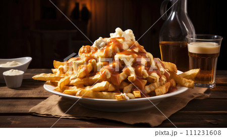 Classic Canadian poutine fries, cheese curds, smothered in savory gravy, a comfort food favorite. 111231608