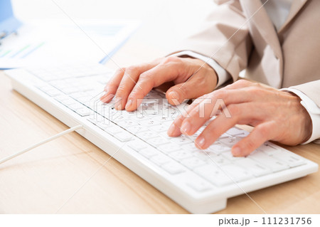 パソコンでデスクワークをするスーツ姿のミドル女性の手元 パソコンでデスクワークをするスーツ姿のミドル女性の手元 111231756