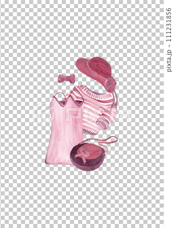 A fashionable youth look for a walk in ruby tones: a hat with a ribbon, a slip dress, a bag and an oversized striped sweater. Watercolor illustration of modern fashion A fashionable youth look for a walk in ruby tones: a hat with a ribbon, a slip dress, a bag and an oversized striped sweater. Watercolor illustration of modern fashion 111231856