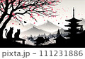 梅の木と雪の積もった松の枝と青い空の風景のイラスト 111231886