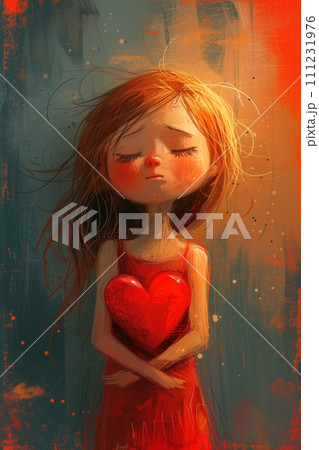 AI-generated content. Child Holding Heart in Emotional Illustration 111231976