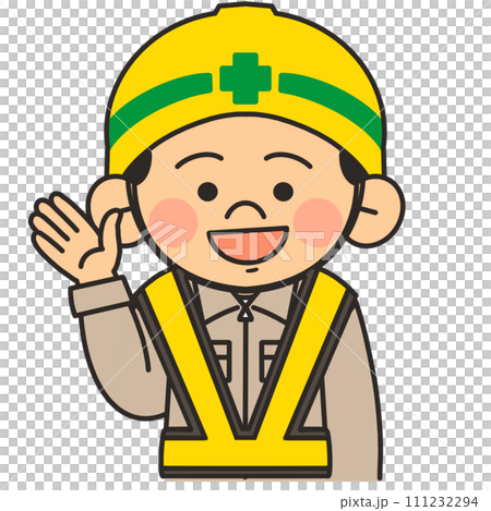 ヘルメットをして茶色の作業服を着た作業員が手を挙げて説明しているイラスト 111232294