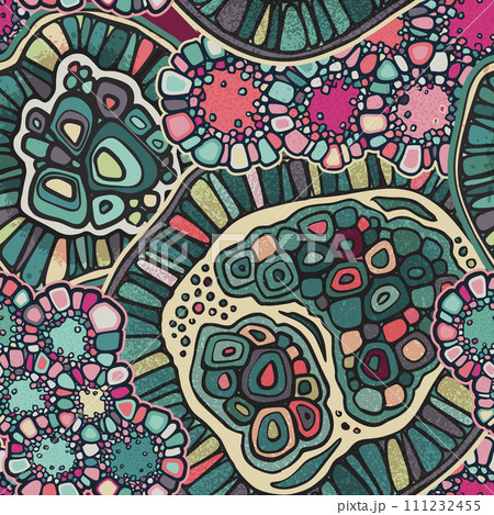 Vector seamless colorful abstract organic pattern. Abstract background in biological style. Macro image, plants, magnified under a microscope. Vector seamless colorful abstract organic pattern. Abstract background in biological style. Macro image, plants, magnified under a microscope. 111232455
