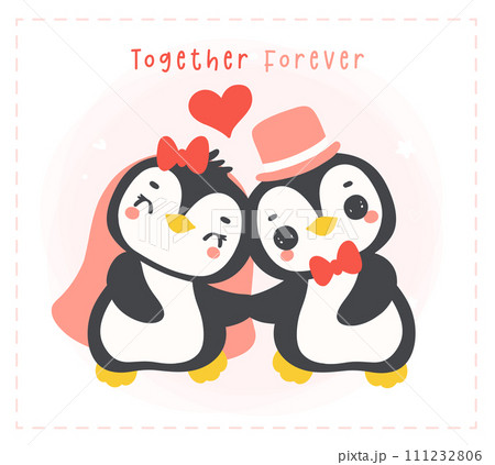 Loveable Valenntine penguin couple holding hand in a wedding theme hand drawn cartoon, perfect for romantic greetings. Loveable Valenntine penguin couple holding hand in a wedding theme hand drawn cartoon, perfect for romantic greetings. 111232806