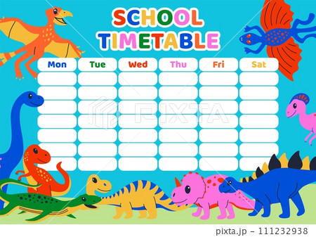 Kids school schedule. Daily study plan on timetable with dino. Blank childish note stickers with colorful dinosaurs. Classroom calendar. Diary reminder design. Lessons planner. Vector poster template Kids school schedule. Daily study plan on timetable with dino. Blank childish note stickers with colorful dinosaurs. Classroom calendar. Diary reminder design. Lessons planner. Vector poster template 111232938