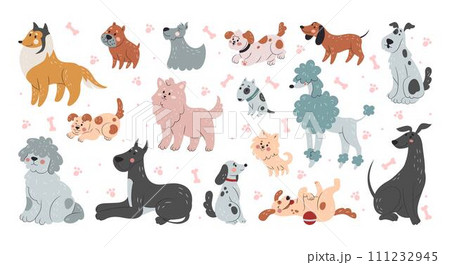 Dog icon. Line funny pets different breed. Pattern or poster, set sketch doodle style animals, cute cartoon print characters, art happy, action decoration. Vector tidy flat isolated illustration 111232945