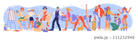 Hobby and sport. Creative woman and man. Active leisure. People group. Artist painting picture. Photographers craft. Happy musician. Art passion. Fitness training. Persons entertainment vector set 111232948