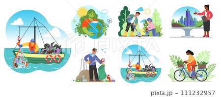 Green life. Ecology save. Garbage recycle. Eco energy. Earth bio or ecosystem protection. Nature world power. Environment conservation. People planting trees and collecting trash. Vector concepts set 111232957