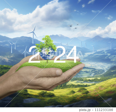 Happy new year 2024 ecological cover, Save the earth concept, Elements of this image furnished by NASA, Generative AI 111233100