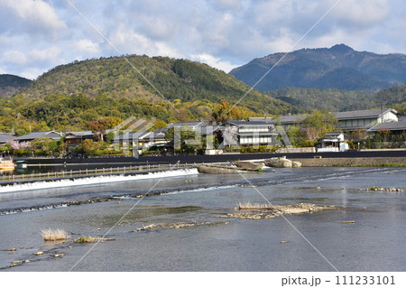 日本の春の京都 嵐山周辺の街並み 観光名所の渡月橋からの眺め 桂川と美しい桜と新緑 古民家風の住宅 日本の春の京都 嵐山周辺の街並み 観光名所の渡月橋からの眺め 桂川と美しい桜と新緑 古民家風の住宅 111233101