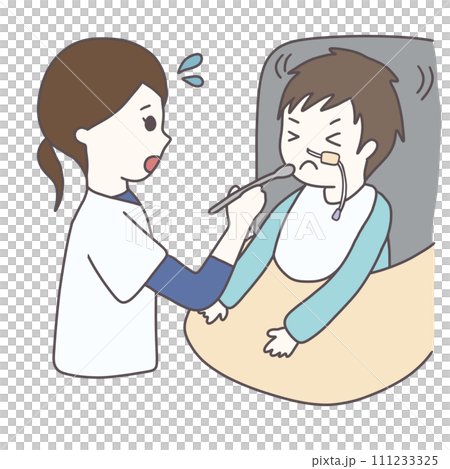 A crippled child with an NG tube who is reluctant to take oral intake and a nurse (color) 111233325