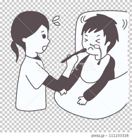 A crippled child with an NG tube who is reluctant to take oral intake and a nurse (black and white) 111233326